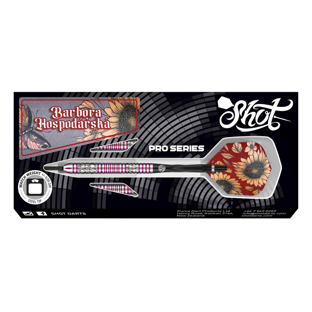 Pro Series Barbora Hospodarska 2.0 Steel Tip Darts packaging image showing the retail presentation box and Shot branding