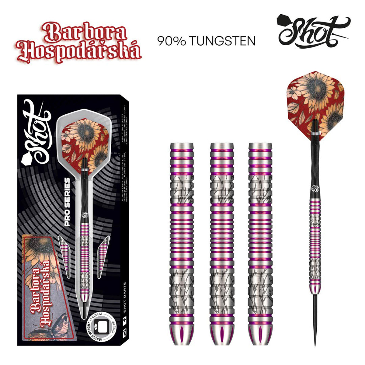 Pro Series Barbora Hospodarska 2.0 Steel Tip Darts main product image showing the darts, packaging, flights, shafts, and included accessories