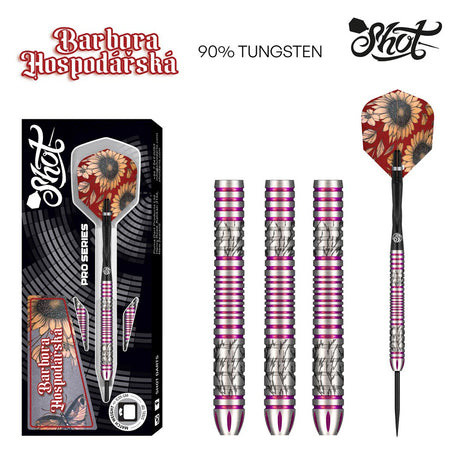 Pro Series Barbora Hospodarska 2.0 Steel Tip Darts main product image showing the darts, packaging, flights, shafts, and included accessories