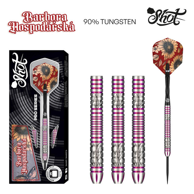 Pro Series Barbora Hospodarska 2.0 Steel Tip Darts main product image showing the darts, packaging, flights, shafts, and included accessories