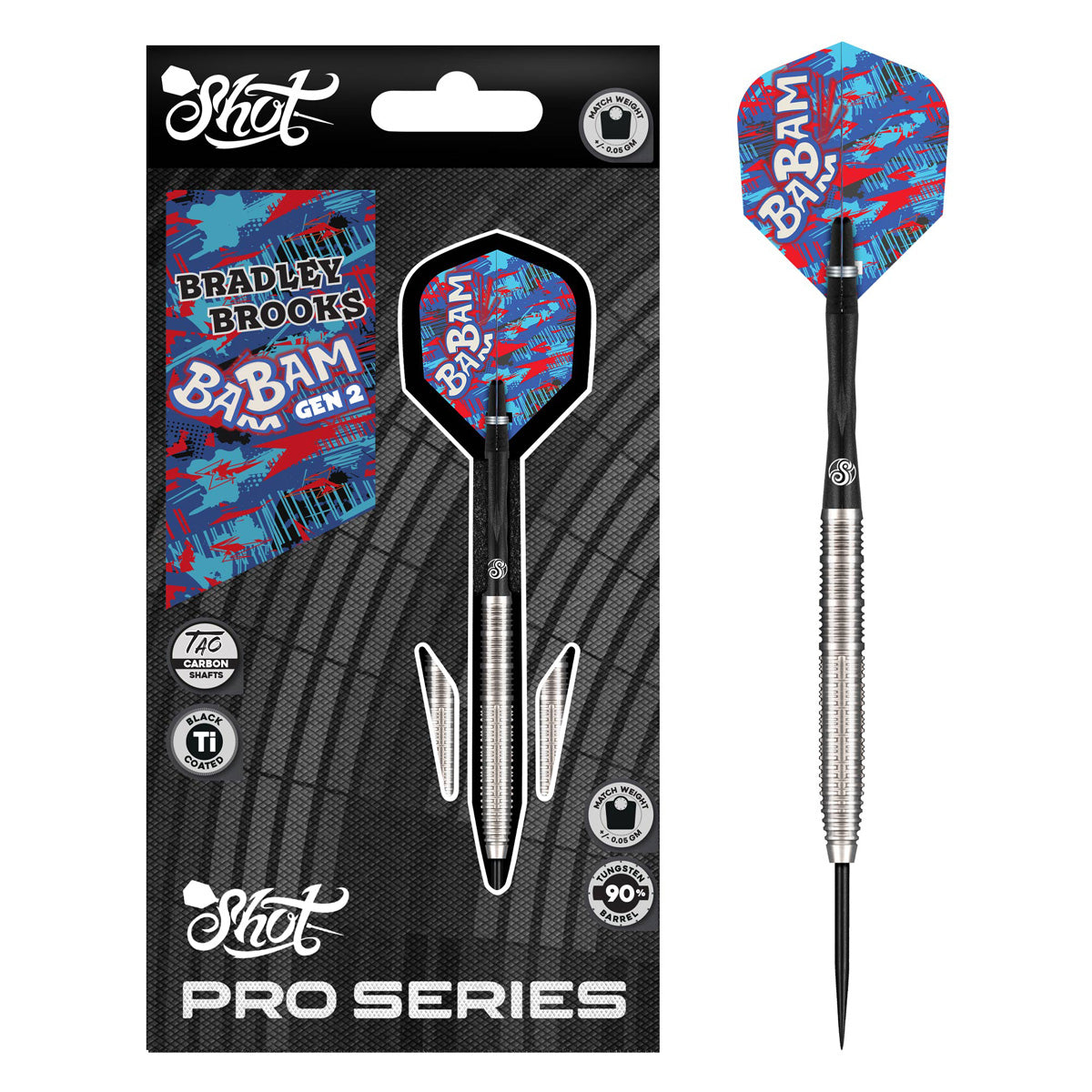 Pro Series Bradley Brooks G2 Steel Tip Darts main product image showing the darts, packaging, flights, shafts, and included accessories