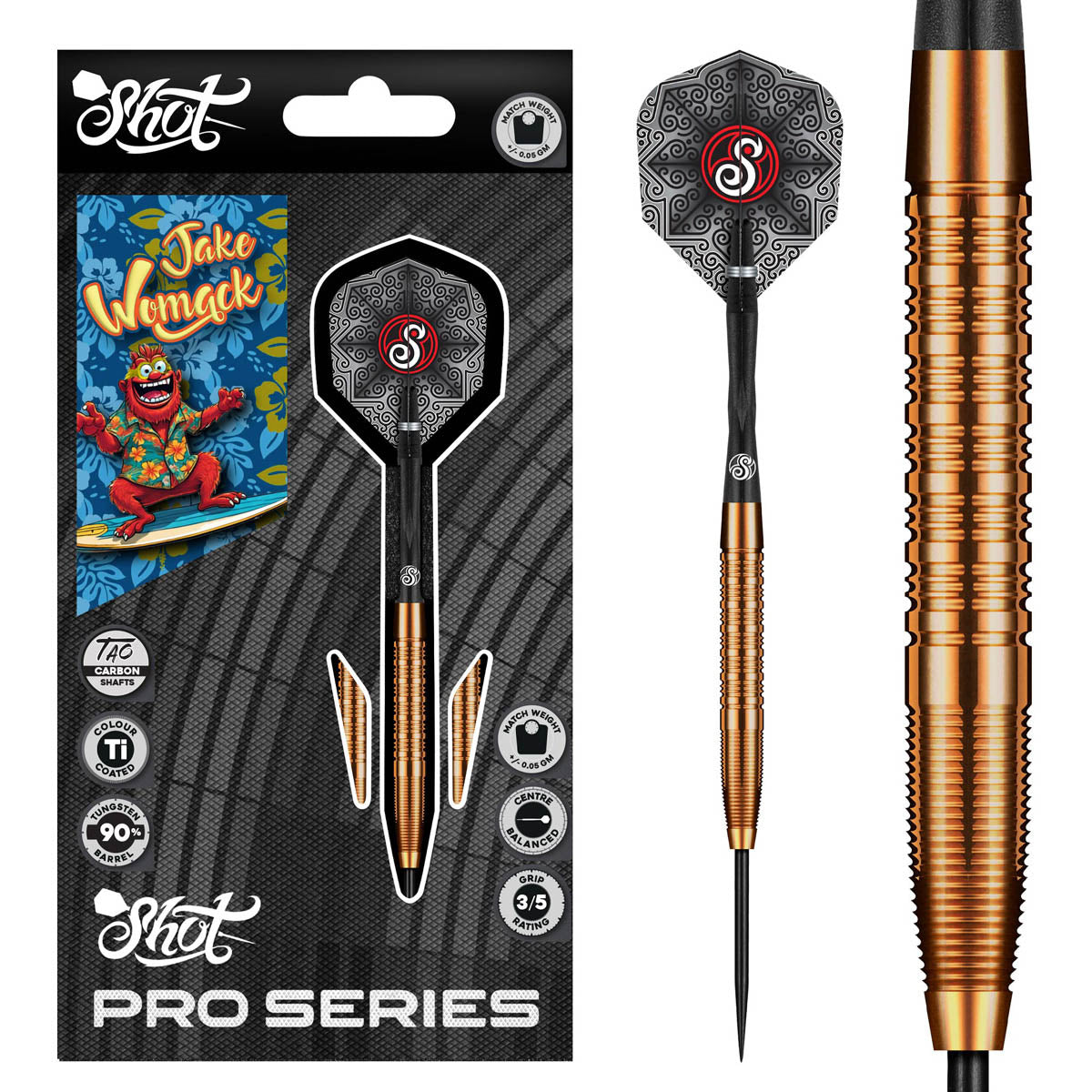 Pro Series Jake Womack Steel Tip Darts main product image showing the darts, packaging, flights, shafts, and included accessories