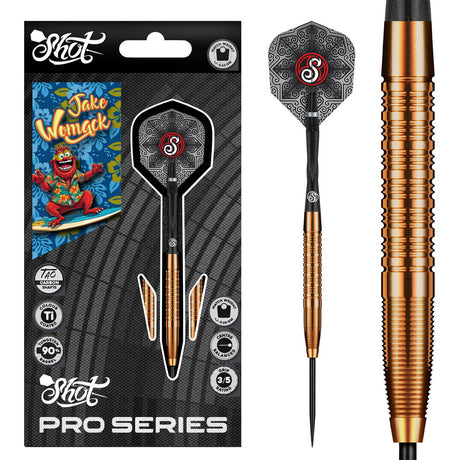 Pro Series Jake Womack Steel Tip Darts main product image showing the darts, packaging, flights, shafts, and included accessories