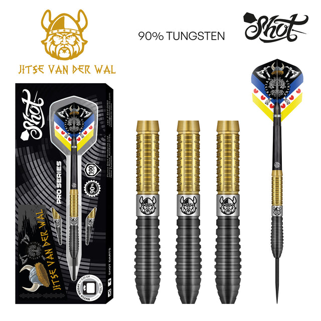Pro Series Jitse van der Wal Steel Tip Darts main product image showing the darts, packaging, flights, shafts, and included accessories