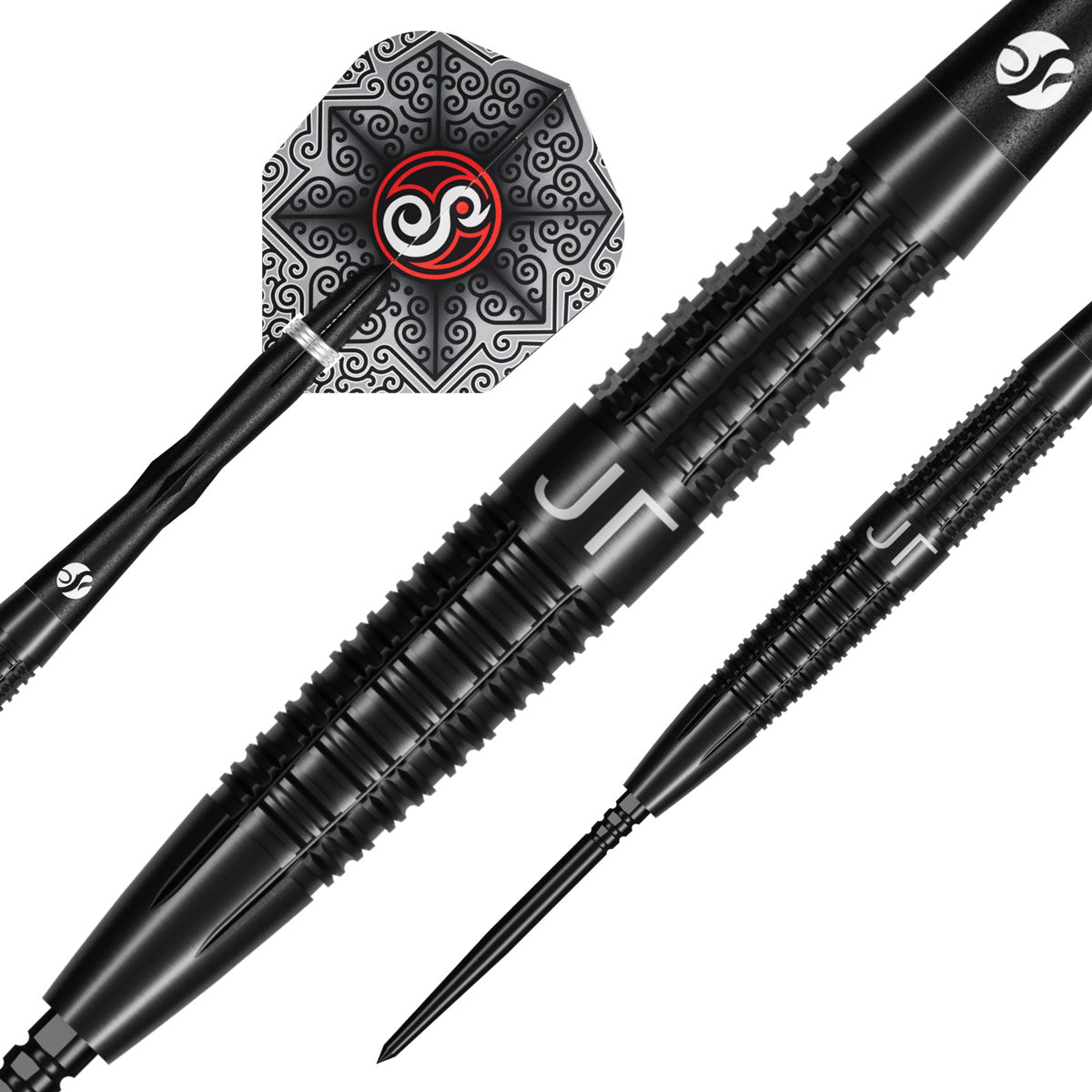 Close up image of the Shot Pro Series Jonny Tata Turbo Point 90% Tungsten Steel Tip Darts barrels highlighting the grip and machining