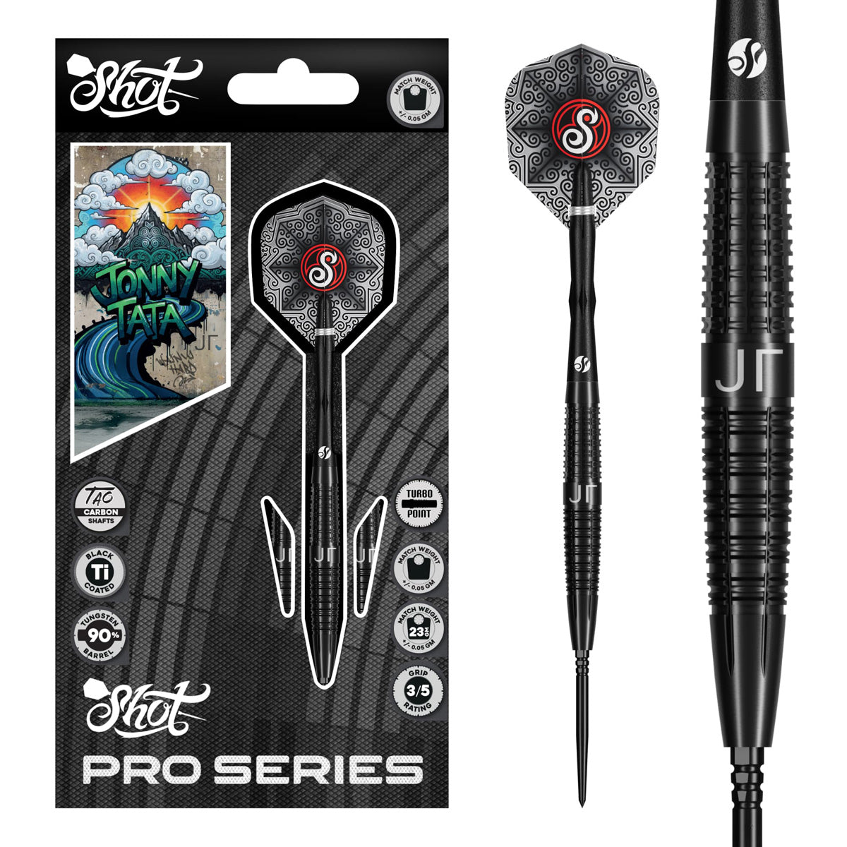 Image of the Shot Pro Series Jonny Tata Turbo Point 90% Tungsten Steel Tip Darts displayed for retail sale with product packaging