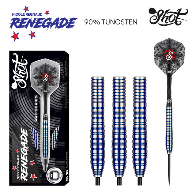 Pro Series Nicole Regnaud Steel Tip Darts main product image showing the darts, packaging, flights, shafts, and included accessories
