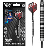 Image of the Shot Pro Series Niels Zonneveld 2.0 Turbo Point 90% Tungsten Steel Tip Darts displayed for retail sale with product packaging