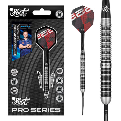Image of the Shot Pro Series Niels Zonneveld 2.0 Turbo Point 90% Tungsten Steel Tip Darts displayed for retail sale with product packaging