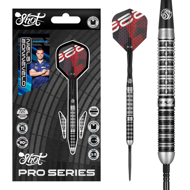 Image of the Shot Pro Series Niels Zonneveld 2.0 Turbo Point 90% Tungsten Steel Tip Darts displayed for retail sale with product packaging