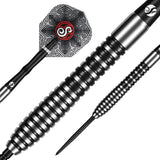Close up image of the Shot Pro Series Raymond Smith Guru Turbo Point 90% Tungsten Steel Tip Darts barrels highlighting the grip and machining
