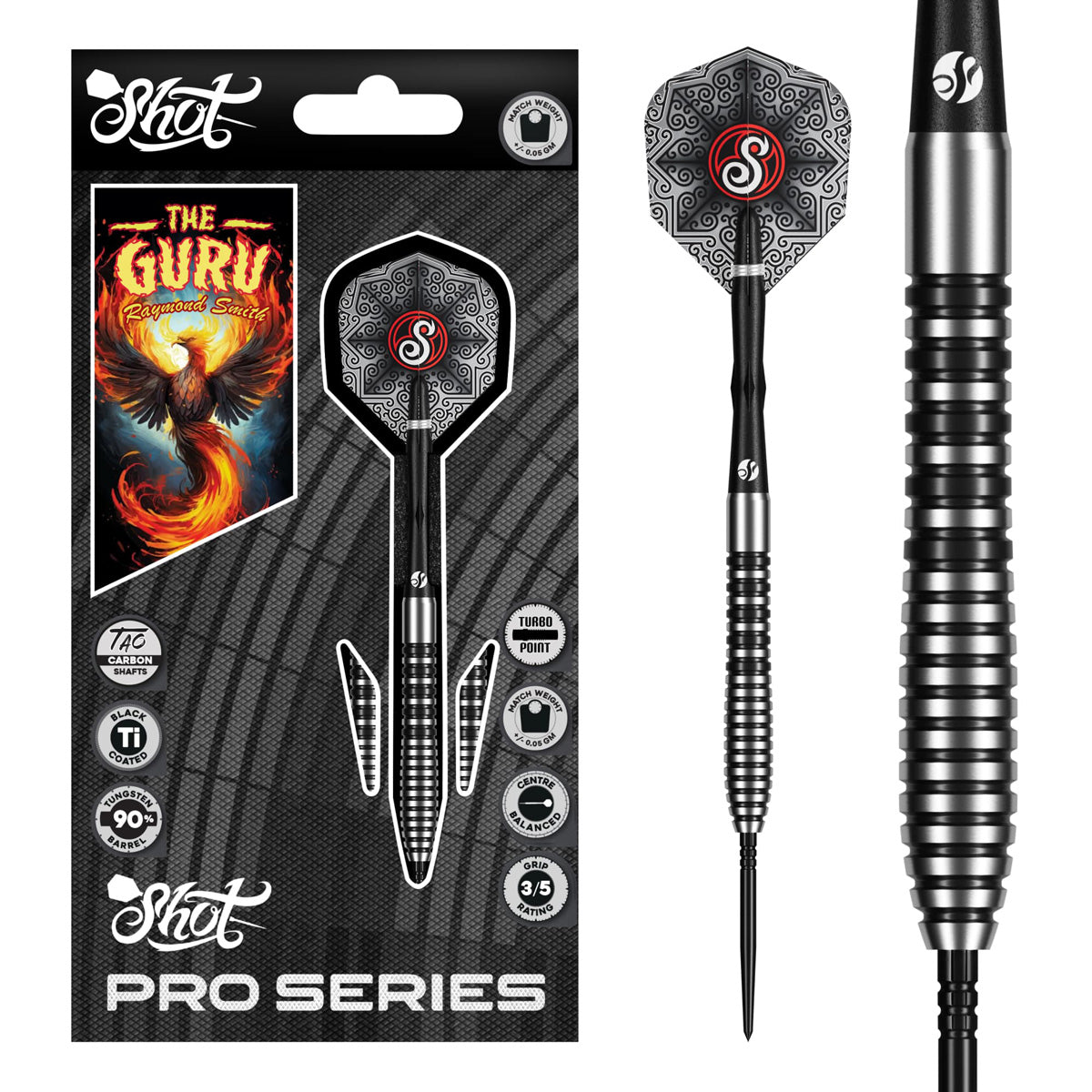 Image of the Shot Pro Series Raymond Smith Guru Turbo Point 90% Tungsten Steel Tip Darts displayed for retail sale with product packaging