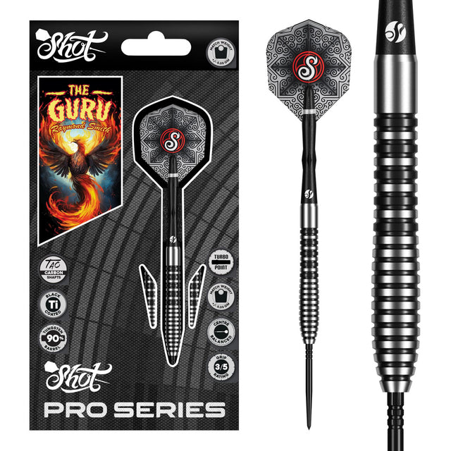 Image of the Shot Pro Series Raymond Smith Guru Turbo Point 90% Tungsten Steel Tip Darts displayed for retail sale with product packaging