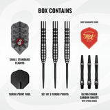 Image showing the contents included with the Shot Pro Series Raymond Smith Guru Turbo Point 90% Tungsten Steel Tip Darts