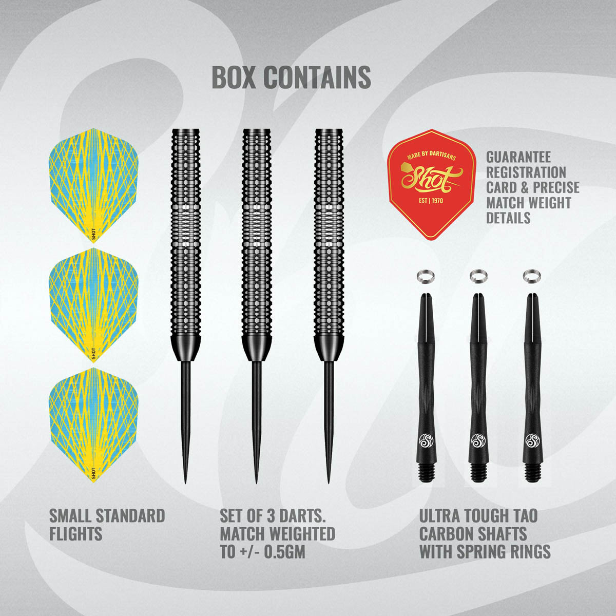 Pro Series Rowby John Rodriguez Baha Steel Tip Darts contents image displaying everything included inside the package