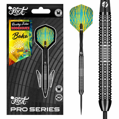 Pro Series Rowby John Rodriguez Baha Steel Tip Darts main product image showing the darts, packaging, flights, shafts, and included accessories