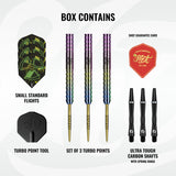 Image showing the contents included with the Shot Pro Series Stowe Buntz 3.0 Turbo Point 90% Tungsten Steel Tip Darts