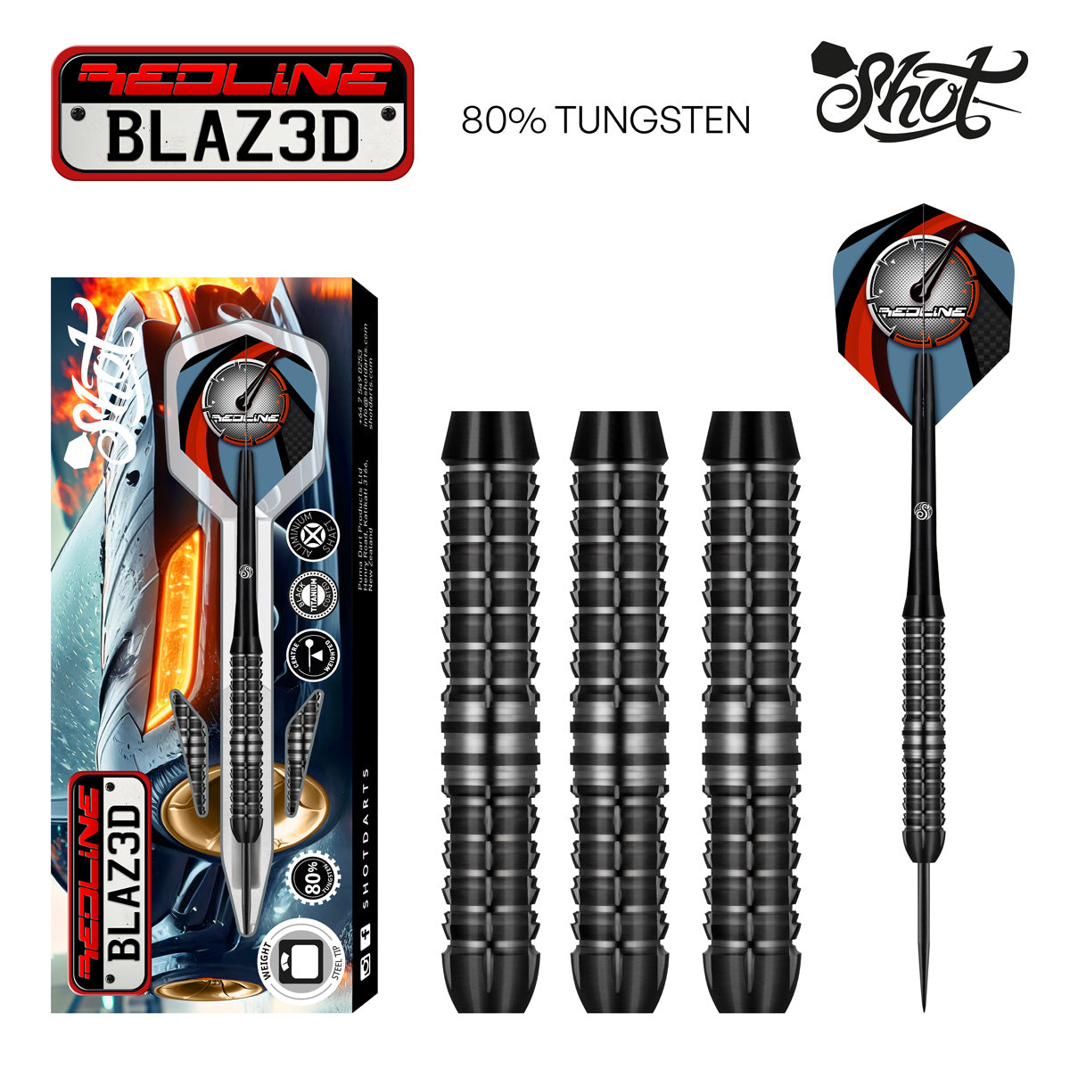 Redline BLAZ3D Steel Tip Darts main product image showing the darts, packaging, flights, shafts, and included accessories