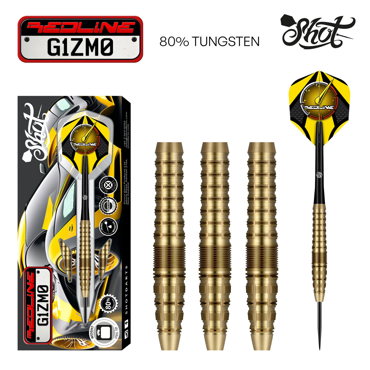 Redline G1ZM0 Steel Tip Darts main product image showing the darts, packaging, flights, shafts, and included accessories