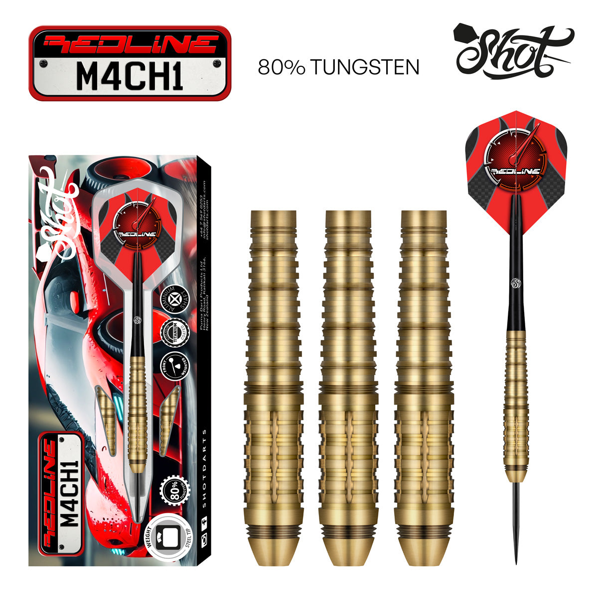 Redline M4CH1 Steel Tip Darts main product image showing the darts, packaging, flights, shafts, and included accessories