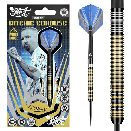 Ritchie Edhouse Madhouse Steel Tip Darts main product image showing the darts, packaging, flights, shafts, and included accessories