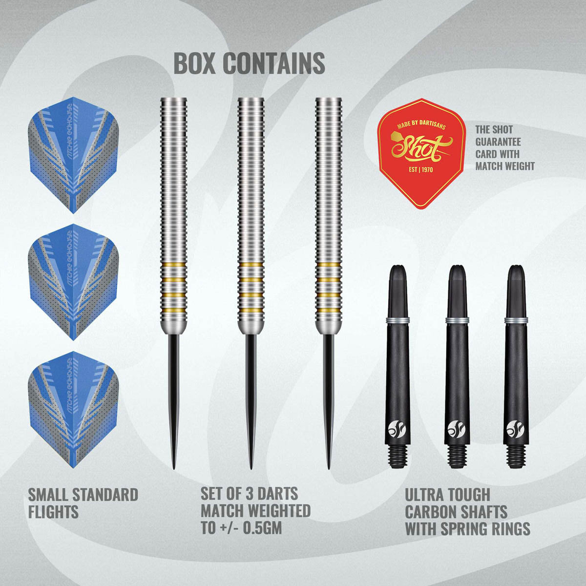 Ritchie Edhouse Steel Tip Darts contents image displaying everything included inside the package
