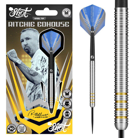 Ritchie Edhouse Steel Tip Darts main product image showing the darts, packaging, flights, shafts, and included accessories