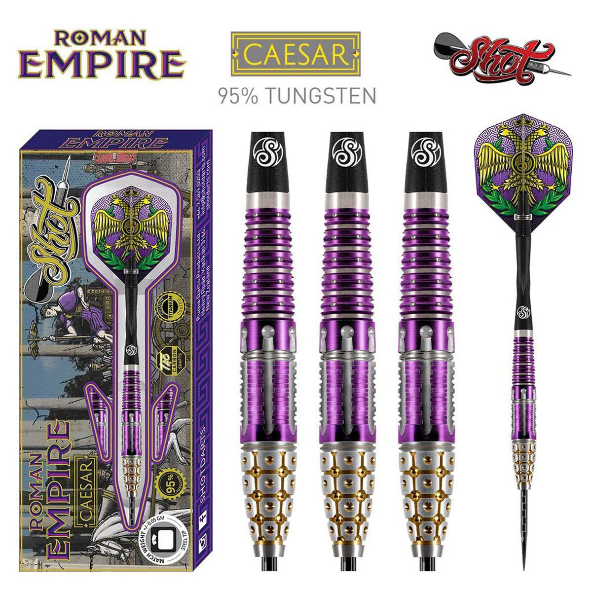 Roman Empire Caesar Steel Tip Darts main product image showing the darts, packaging, flights, shafts, and included accessories