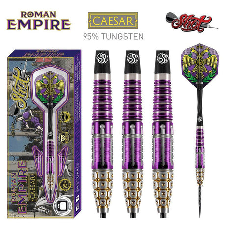 Roman Empire Caesar Steel Tip Darts main product image showing the darts, packaging, flights, shafts, and included accessories