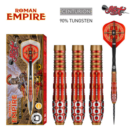 Roman Empire Centurion Steel Tip Darts main product image showing the darts, packaging, flights, shafts, and included accessories
