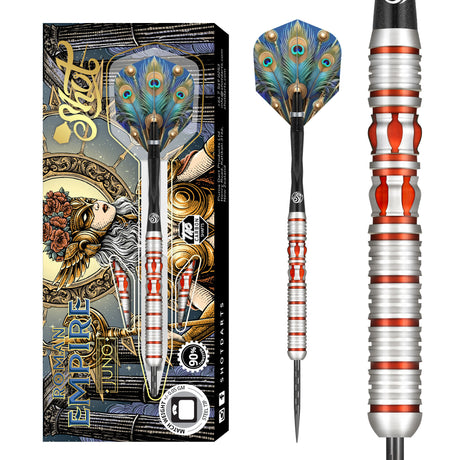 Roman Empire Juno Steel Tip Darts main product image showing the darts, packaging, flights, shafts, and included accessories