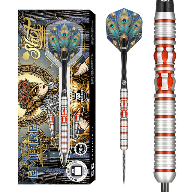 Roman Empire Juno Steel Tip Darts main product image showing the darts, packaging, flights, shafts, and included accessories