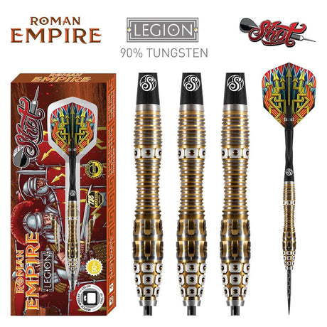 Roman Empire Legion Steel Tip Darts main product image showing the darts, packaging, flights, shafts, and included accessories