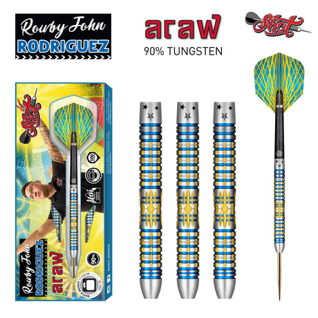 Rowby John Rodriguez Araw Steel Tip Darts main product image showing the darts, packaging, flights, shafts, and included accessories