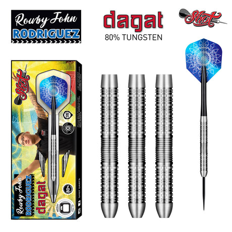 Rowby John Rodriguez Dagat Steel Tip Darts main product image showing the darts, packaging, flights, shafts, and included accessories