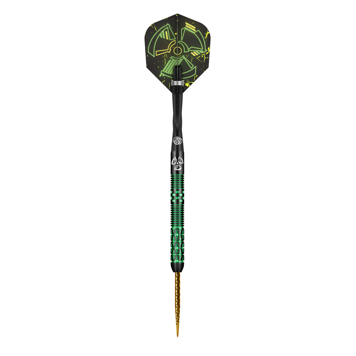 Stowe Buntz 2.0 Black Steel Tip Darts dynamic product image highlighting the full dart setup and black coated barrel design