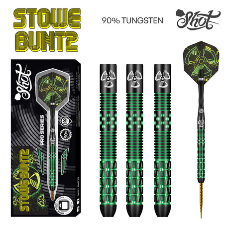 Stowe Buntz 2.0 Black Steel Tip Darts main product image showing the darts, packaging, flights, shafts, and included accessories