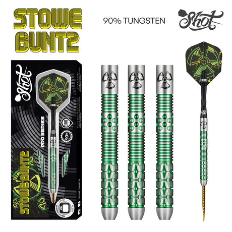 Stowe Buntz 2.0 Steel Tip Darts main product image showing the darts, packaging, flights, shafts, and included accessories