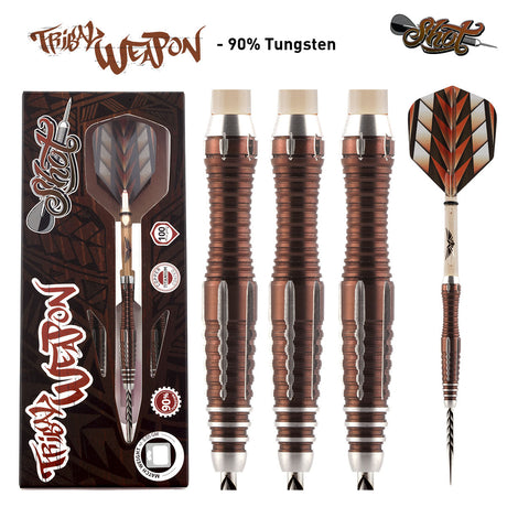 Tribal Weapon 1 Series Steel Tip Darts main product image showing the darts, packaging, flights, shafts, and included accessories