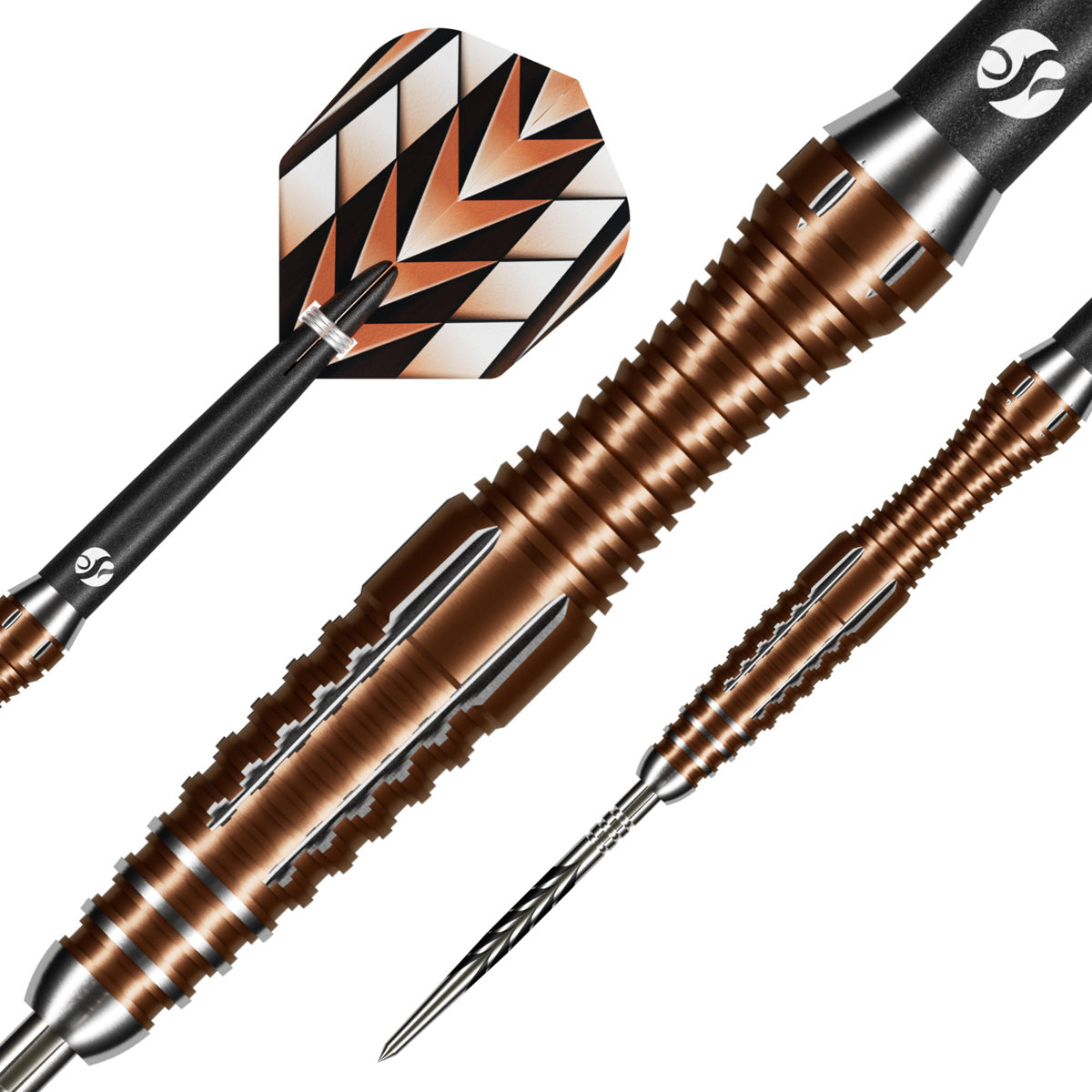 Close up image of the Shot Tribal Weapon 1 Series Turbo Point 90% Tungsten Steel Tip Darts barrels highlighting the grip and machining