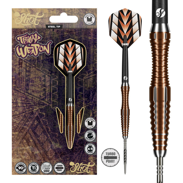 Image of the Shot Tribal Weapon 1 Series Turbo Point 90% Tungsten Steel Tip Darts displayed for retail sale with product packaging