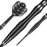 Close up image of the Shot Tribal Weapon 4 Series Turbo Point 90% Tungsten Steel Tip Darts barrels highlighting the grip and machining