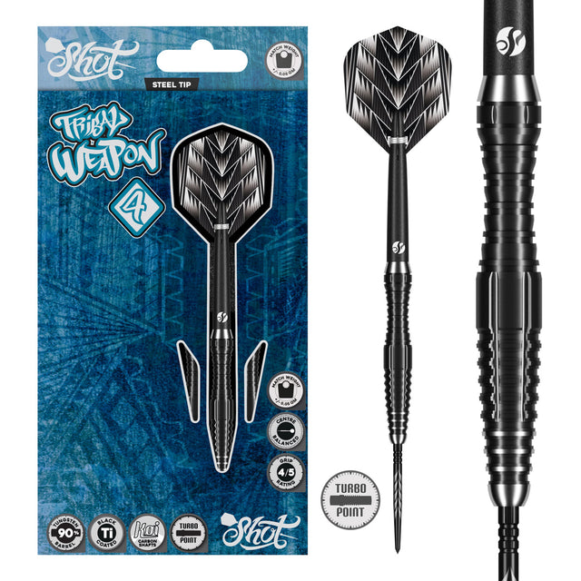 Image of the Shot Tribal Weapon 4 Series Turbo Point 90% Tungsten Steel Tip Darts displayed for retail sale with product packaging