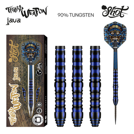 Tribal Weapon Java Steel Tip Darts main product image showing the darts, packaging, flights, shafts, and included accessories