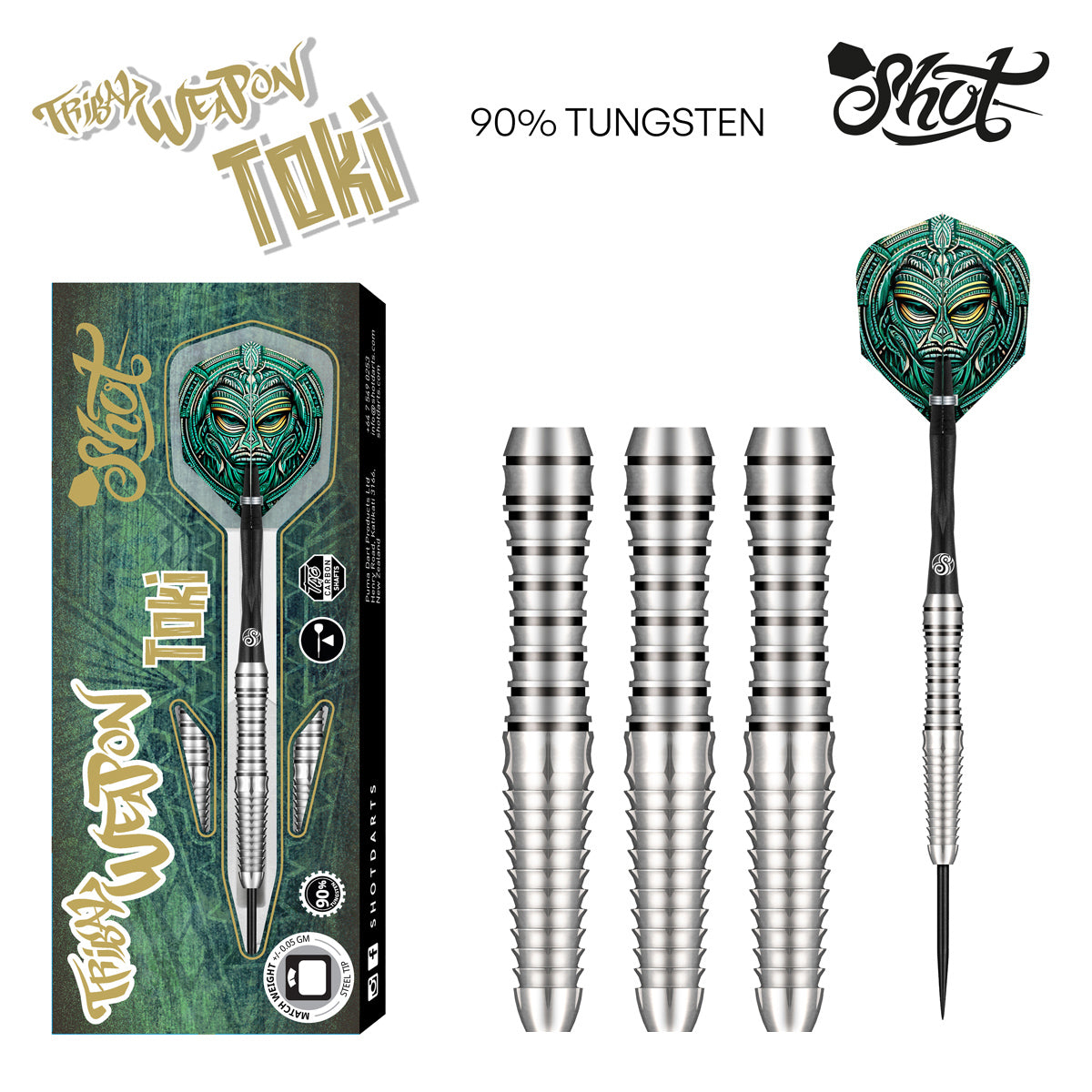 Tribal Weapon Toki Steel Tip Darts main product image showing the darts, packaging, flights, shafts, and included accessories