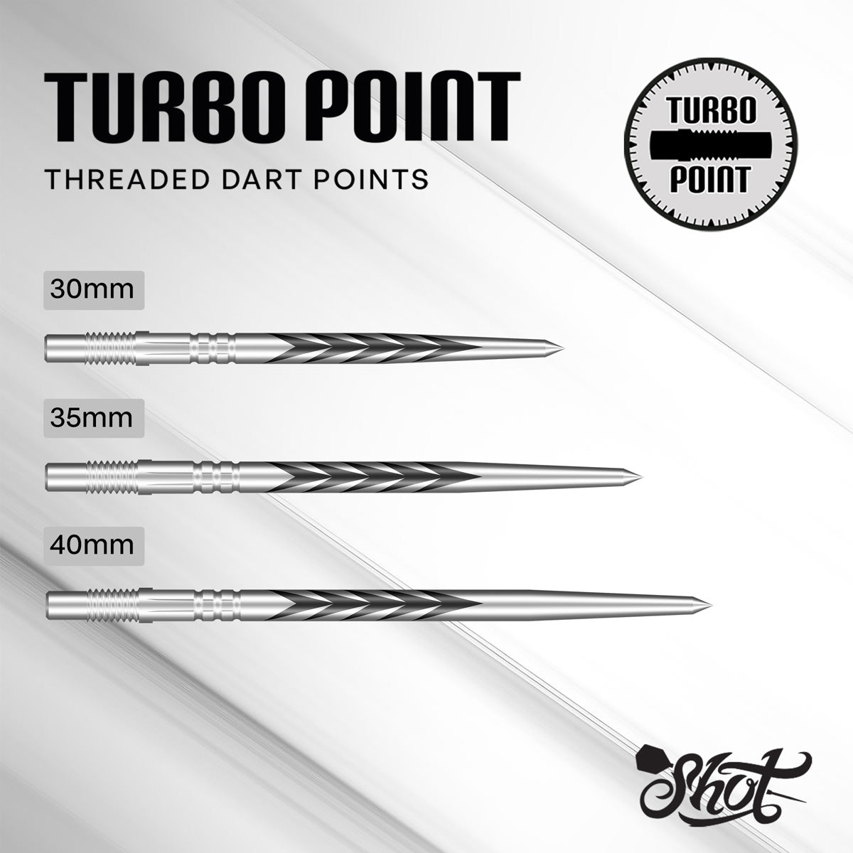 Size guide showing the available lengths and dimensions for the Shot Tribal Weapon Turbo Points Silver