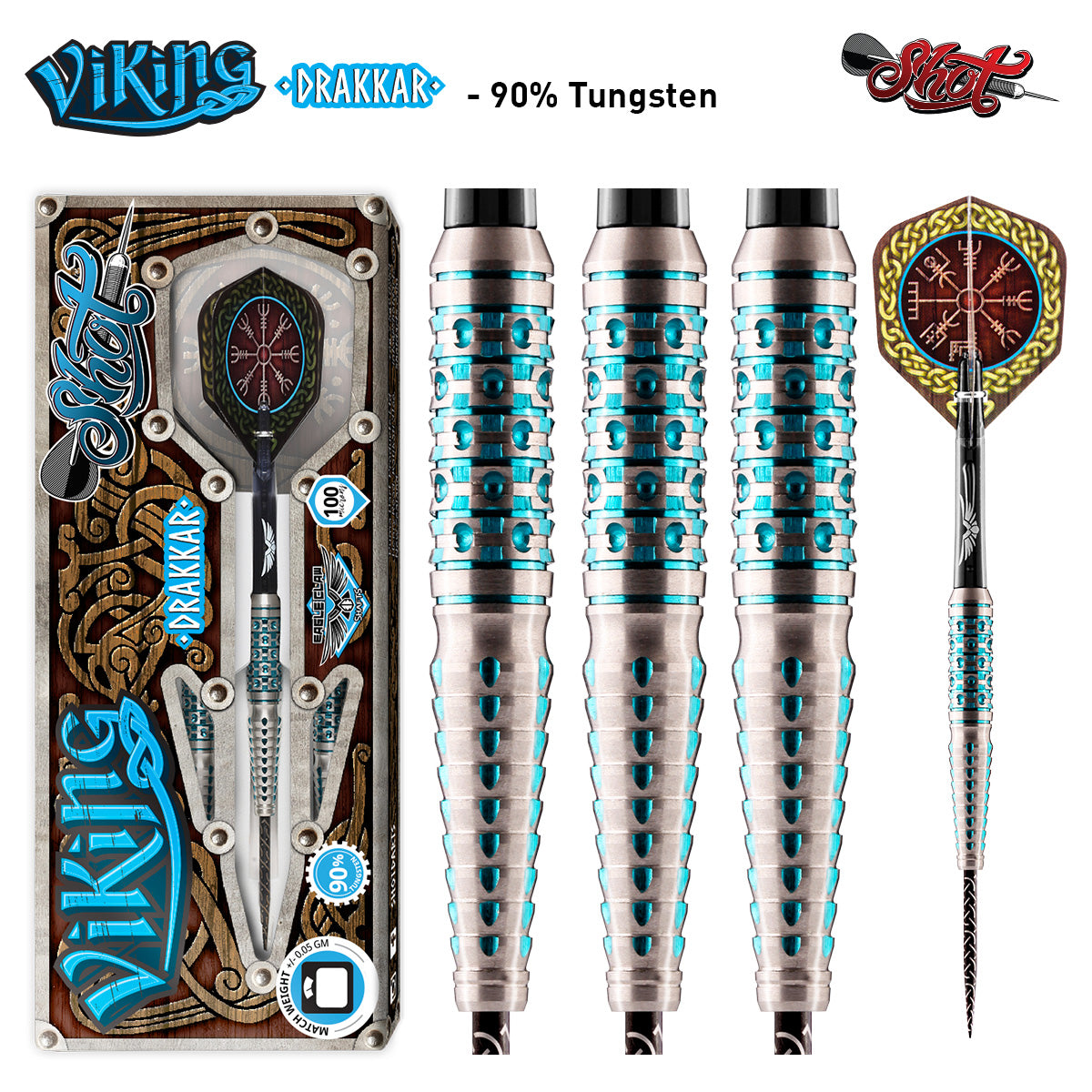Viking Drakkar Steel Tip Darts main product image showing the darts, packaging, flights, shafts, and included accessories