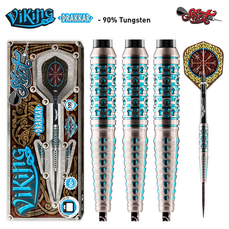 Viking Drakkar Steel Tip Darts main product image showing the darts, packaging, flights, shafts, and included accessories