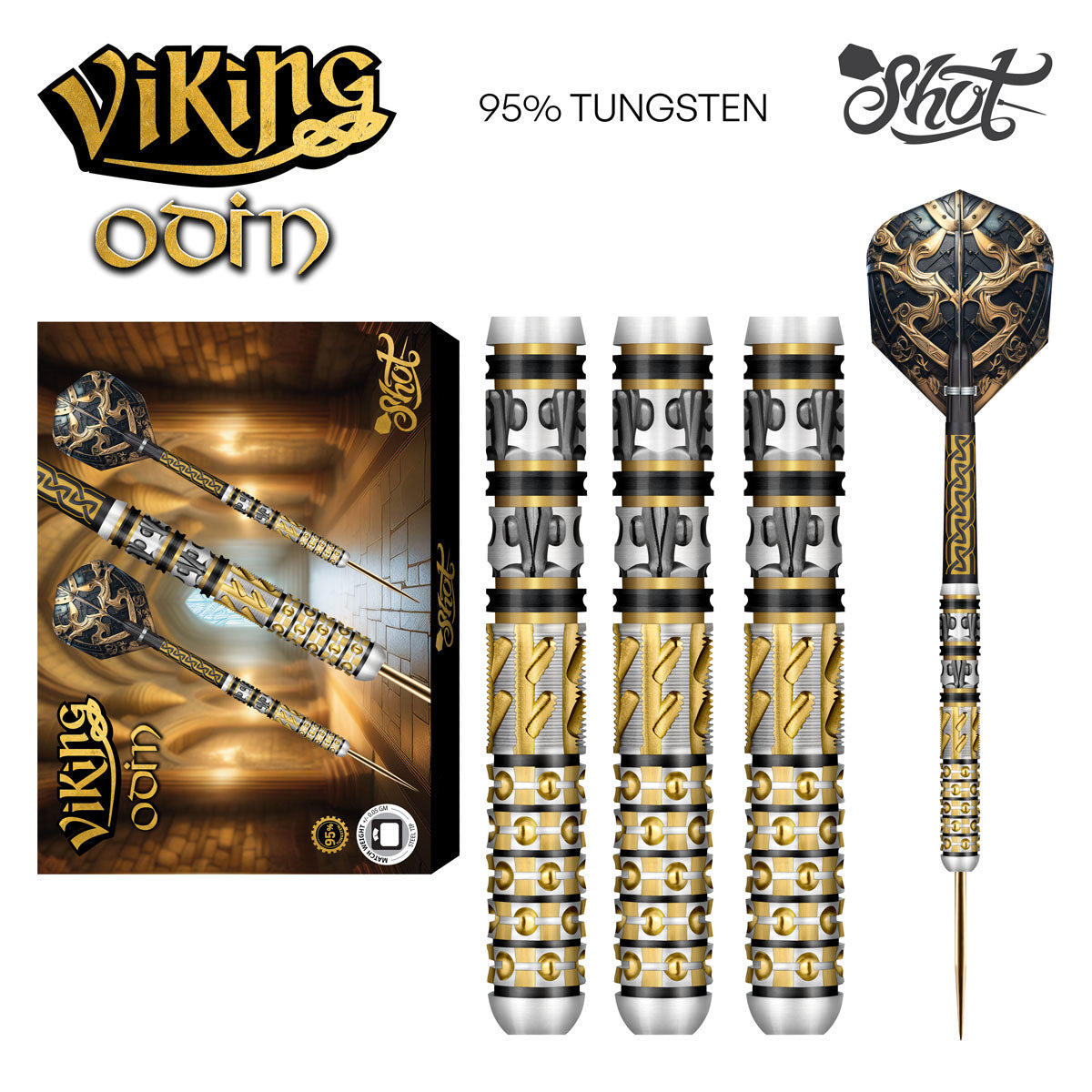 Viking Odin Steel Tip Darts main product image showing the darts, packaging, flights, shafts, and included accessories