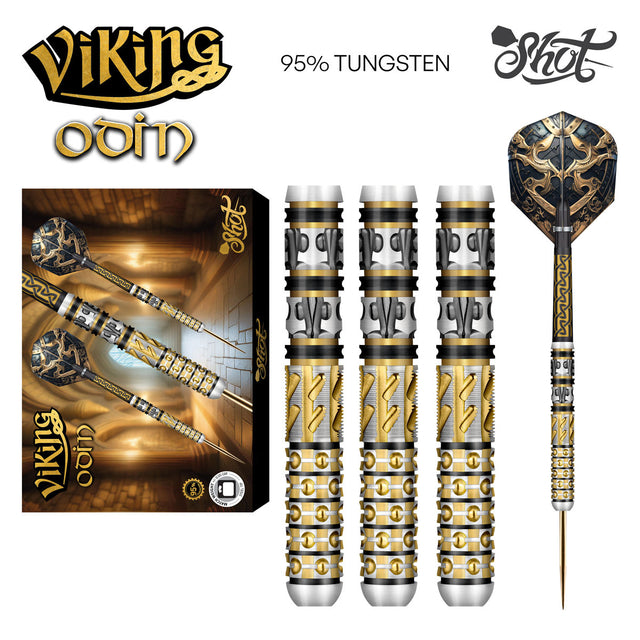 Viking Odin Steel Tip Darts main product image showing the darts, packaging, flights, shafts, and included accessories